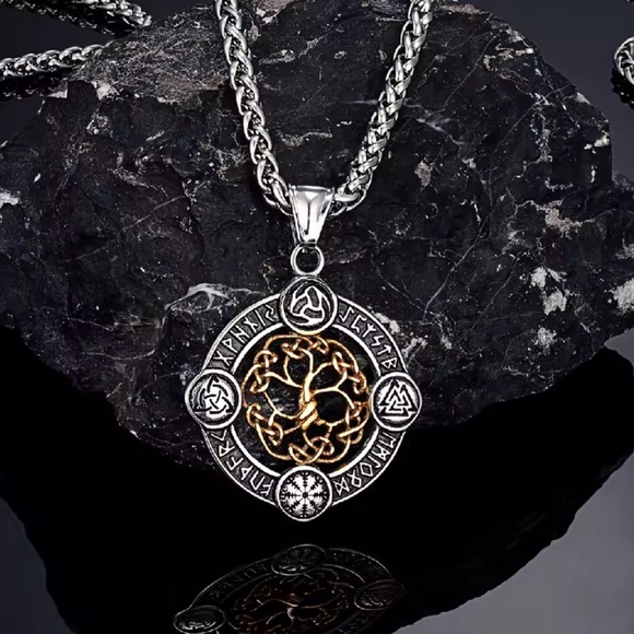 Viking Rune Life Tree Stainless Steel Silver Luck Talisman Necklace - Picture 2 of 5
